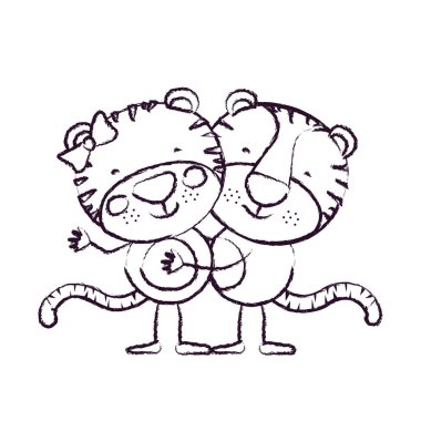 Çift kaplan ile bulanık kroki kontur karikatür kucakladı