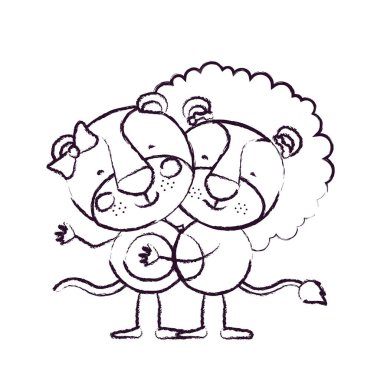 bulanık kroki kontur karikatür birkaç dişi aslan ve aslan ile kucakladı