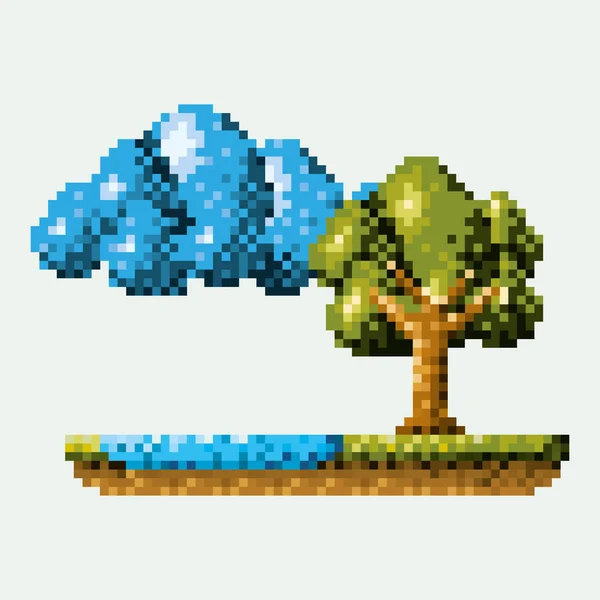 Color pixelado paisaje forestal en el prado con árbol junto al río y la nube — Archivo Imágenes Vectoriales