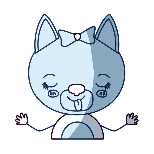 Color azul sombreado silueta caricatura medio cuerpo de lindo gato hembra con encaje de lazo con expresión de asco y sobresaliendo lengua — Vector de stock