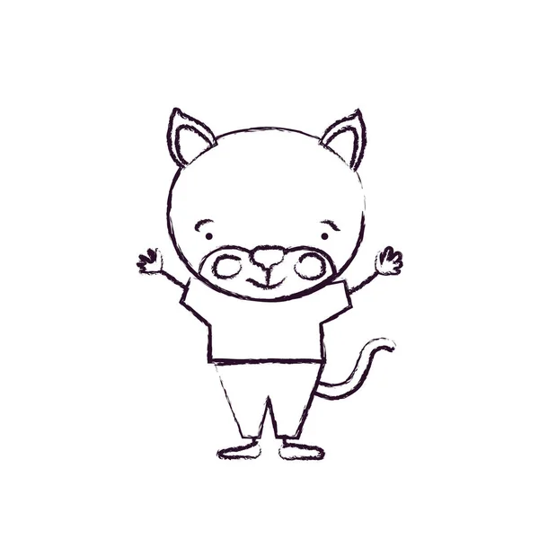 Verschwommene Silhouette Karikatur des Katzenglücks Ausdruck in Kleidung mit erhobenen Händen — Stockvektor