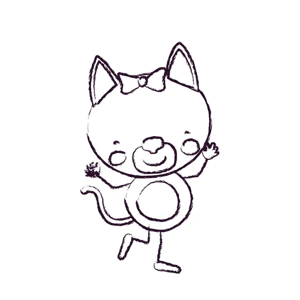 模糊的草绘轮廓漫画的可爱的表情母猫在舞蹈姿势与弓花边 — 图库矢量图片