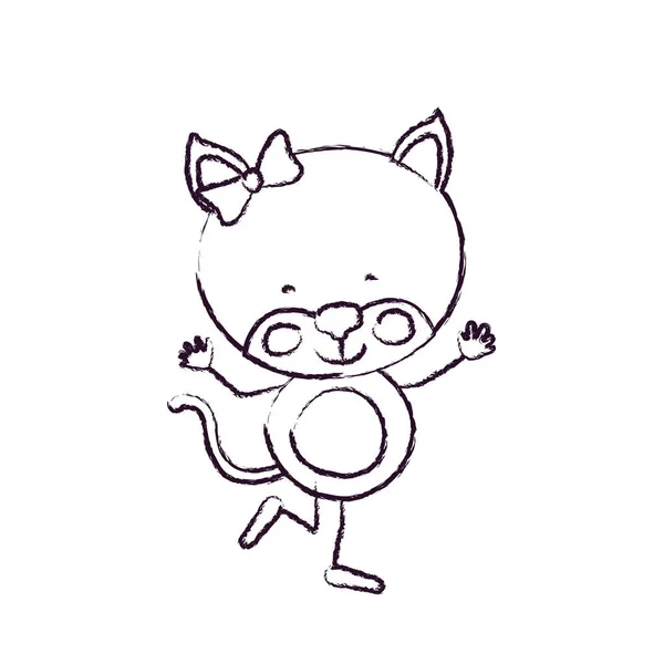 Esboço borrado contorno caricatura de expressão bonito gatinho feminino em pose de dança com laço —  Vetores de Stock