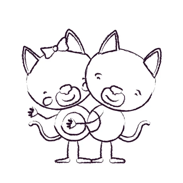 Unscharfe Skizzenkontur-Karikatur mit Katzenpaar, das sich umarmt — Stockvektor