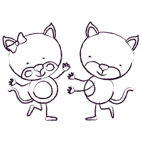 De contour karikatuur onscherpe schets met paar katten dansen — Stockvector