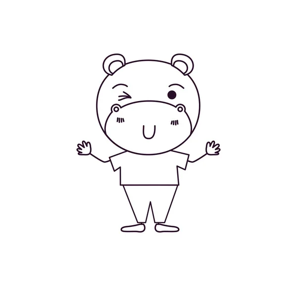 Croquis silhouette caricature de mignon hippopotame clin d'oeil expression dans les vêtements — Image vectorielle