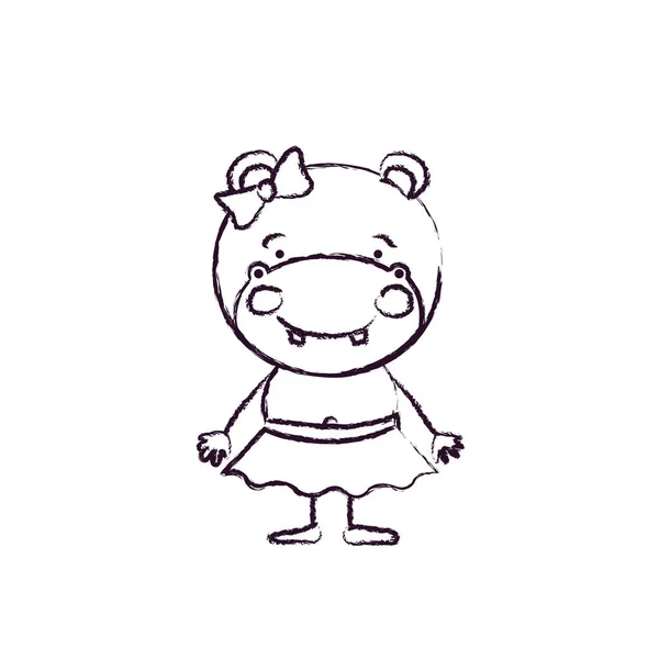 Silhueta borrada caricatura de expressão bonito hipopótamo feminino na saia com laço — Vetor de Stock