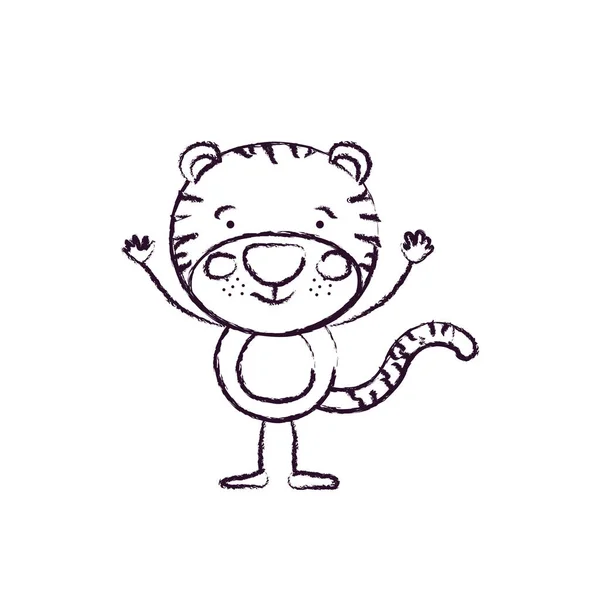 Rozmazané siluety karikatura roztomilý tygr štěstí výrazu s rukama nahoru — Stockový vektor