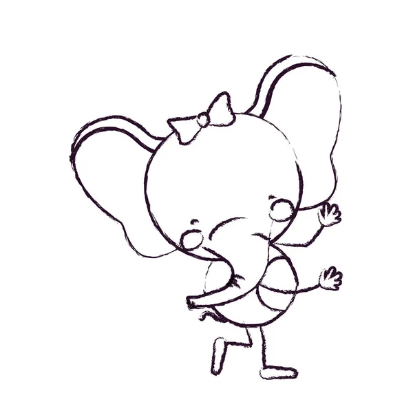 Suddig skiss kontur karikatyr av söt uttryck kvinnlig elefant i Dans pose med bow spets — Stock vektor