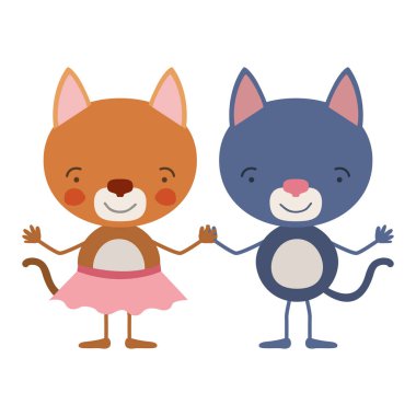 Çift el ele tutuşarak yavru kedi ile renkli karikatür