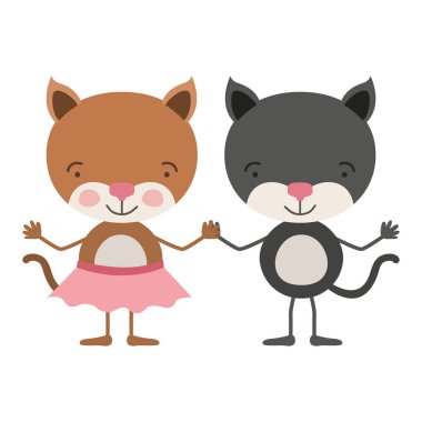 Çift el ele tutuşarak kedi ile renkli karikatür