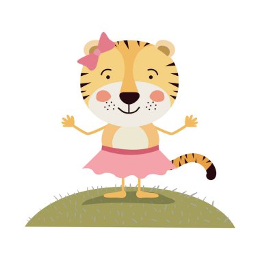 renkli sahne gökyüzü manzara ve çim karikatür hoş ifade kaplan ile yay dantel etek