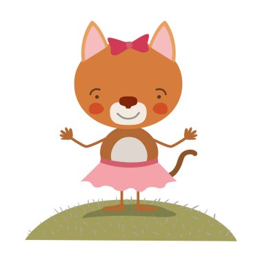 renkli sahne gökyüzü manzara ve çim karikatür hoş ifade kedi yay dantel etek