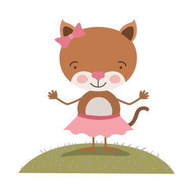 renkli sahne gökyüzü manzara ve çim karikatür hoş ifade de kedi yay dantel etek