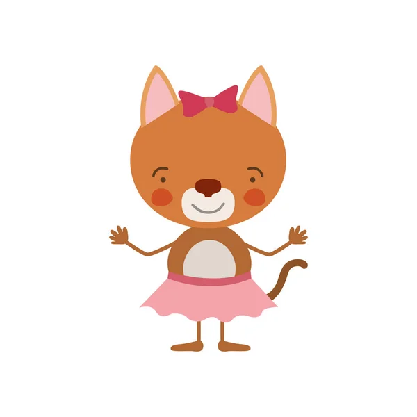 Caricatura colorida de expressão bonito gato feminino na saia com laço — Vetor de Stock