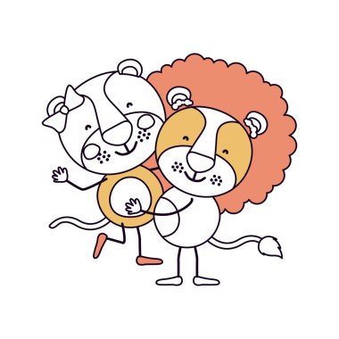 siluet renk bölümleri karikatür ile birkaç dişi aslan ve aslan birinin diğer sevimli hayvanlar elinde