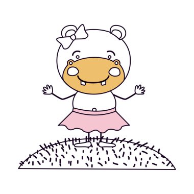 siluet renk bölümler sahne gökyüzü manzara ve karikatür hoş ifade hippo etek yay dantel ile çim