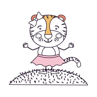 siluet renk bölümler sahne gökyüzü manzara ve karikatür hoş ifade kaplan ile yay dantel etek çim