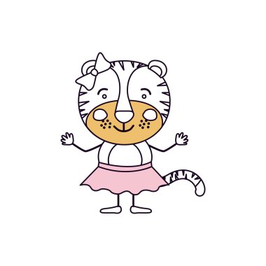 siluet renk bölümleri karikatürü sevimli gülümseme ifade kadın kaplan etek ile yay dantel ile eller yukarı