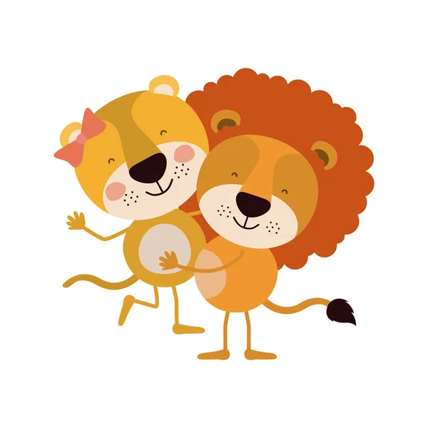 Caricatura colorida com casal de leoa e leão um carregando o outro — Vetor de Stock