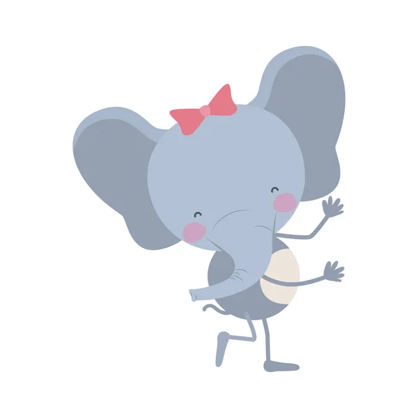 Caricatura colorida de la expresión linda elefante femenino en pose de baile con encaje de arco — Vector de stock