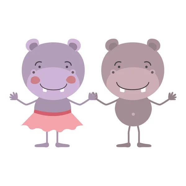 Caricatura colorata con coppia di ippopotami che si tengono per mano — Vettoriale Stock