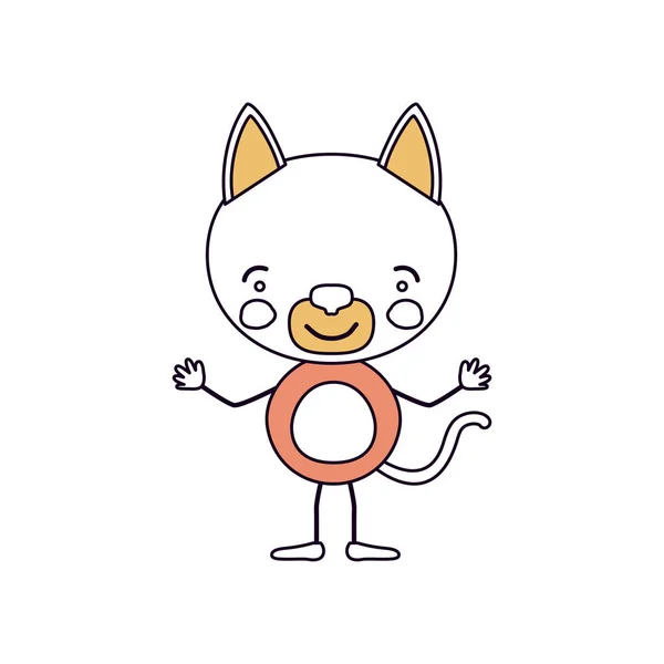 Silueta color secciones caricatura de lindo gato felicidad expresión con manos arriba — Archivo Imágenes Vectoriales