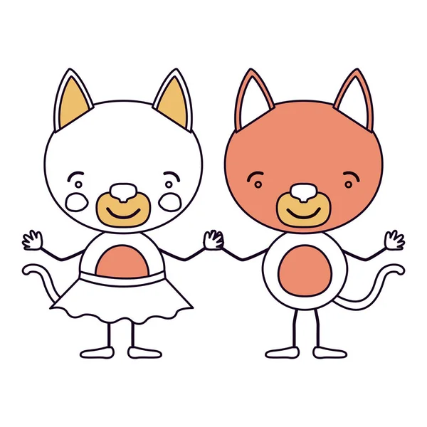 Silhouette Farbschnitte Karikatur mit ein paar Kätzchen Händchen haltend — Stockvektor