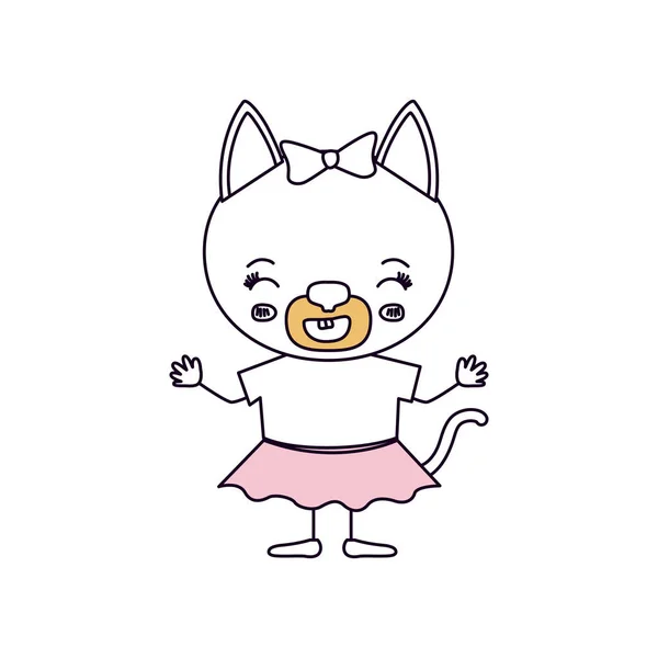 轮廓颜色节漫画的可爱女性小猫上带蝴蝶结花边幸福表达与闭着眼睛的衣服 — 图库矢量图片