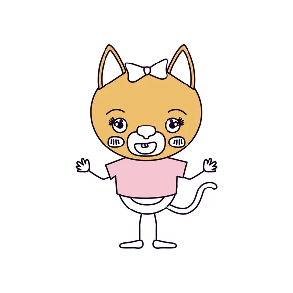 Силуэт цвета секций карикатура на милую кошку в блузке с бабочкой кружева с выражением счастья и улыбкой — стоковый вектор