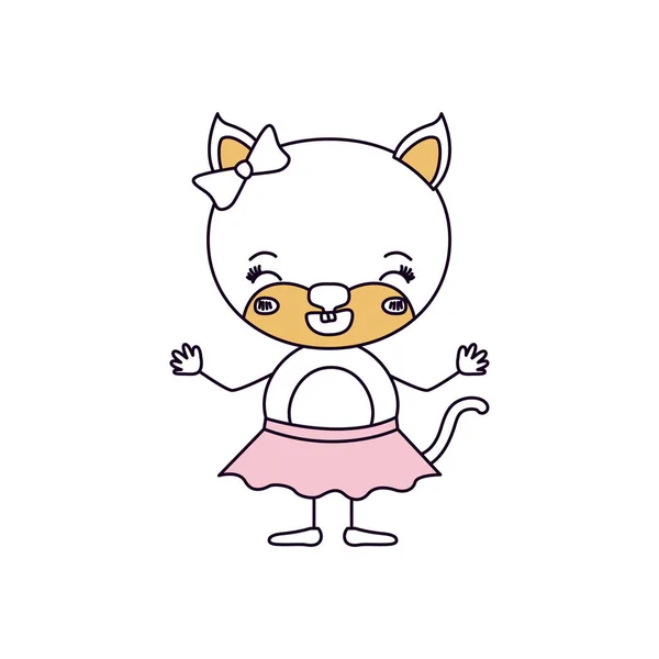 Silueta color secciones caricatura de lindo gatito femenino en falda con arco de encaje con la expresión de la felicidad y los ojos cerrados — Archivo Imágenes Vectoriales
