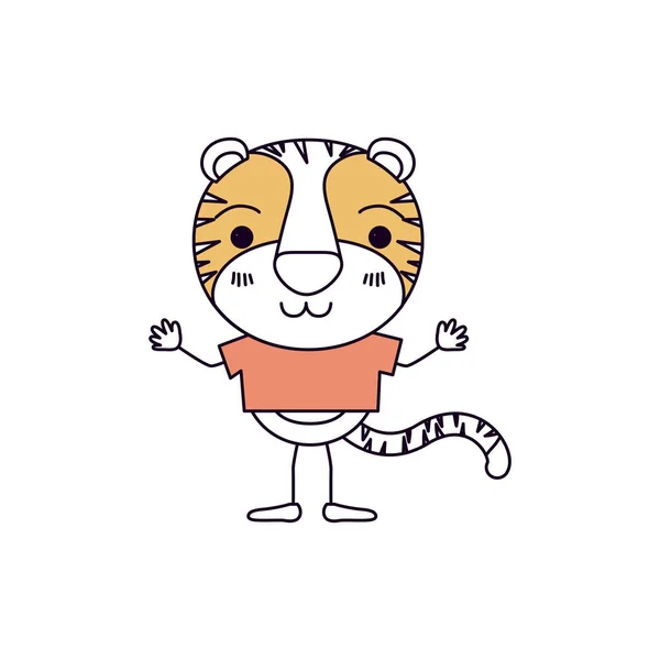 Silhouet kleur secties karikatuur van schattige tijger rust expressie in t-shirt — Stockvector
