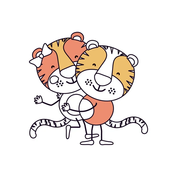 Silueta color secciones caricatura con un par de tigres uno llevando a los otros animales lindos — Archivo Imágenes Vectoriales