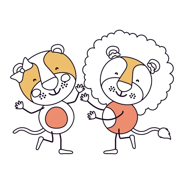 Silhouettenfarbschnitte Karikatur mit Löwenpaar und Löwentanz — Stockvektor
