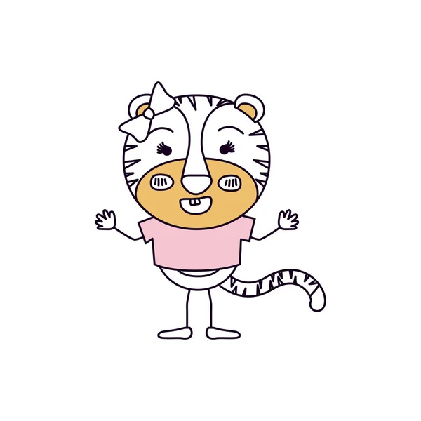 Silueta color secciones caricatura de tigresa femenina en blusa con encaje de lazo y expresión sonriente — Vector de stock