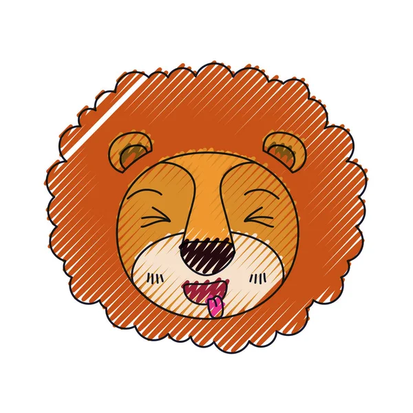 Color crayón silueta lindo rostro de león sobresaliendo expresión de la lengua con melena — Vector de stock