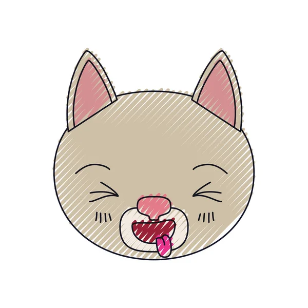 Warna krayon siluet wajah lucu kucing mencuat ekspresi lidah - Stok Vektor
