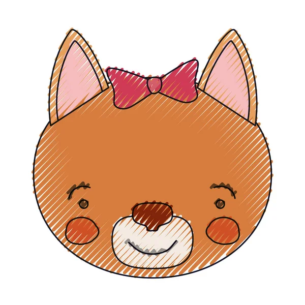 Barevná pastelka silueta tvář samice kočka zvíře štěstí výrazu s krajkou luk — Stockový vektor