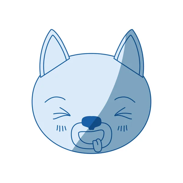 Blå färg skuggning siluett söta ansikte av katt sticker ut tungan uttryck — Stock vektor