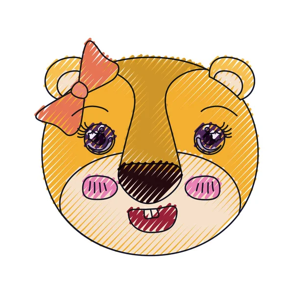 Color crayón silueta lindo rostro de leona felicidad expresión con encaje de arco — Archivo Imágenes Vectoriales