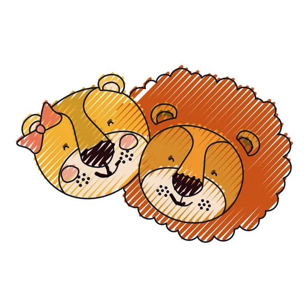 Cor crayon silhueta rostos de tigre casal leão e leoa felicidade expressão — Vetor de Stock