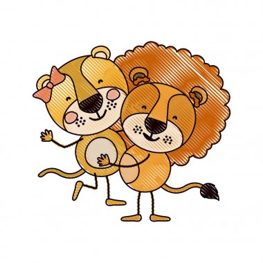 renk mum boya siluet karikatür ile birkaç dişi aslan ve aslan birinin diğer sevimli hayvanlar elinde