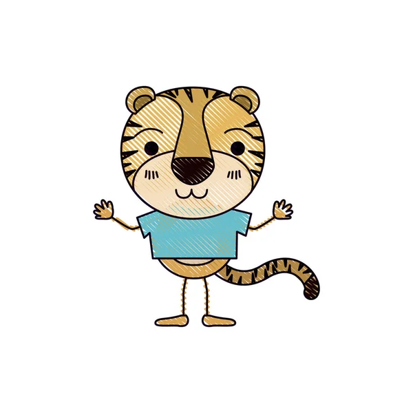 Кольоровий крейдовий силует карикатура милого тигра вираження щастя у футболці — стоковий вектор