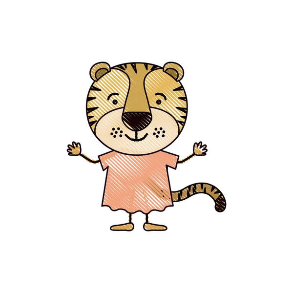 Кольоровий крейдяний силует карикатура милого тигра в сукні — стоковий вектор