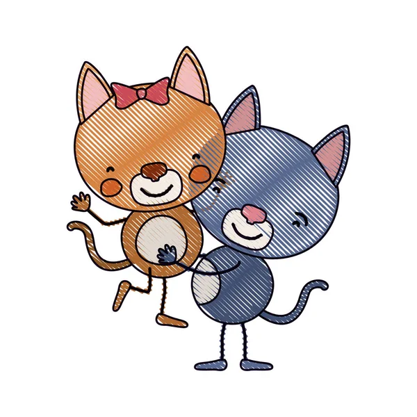 Färgkrita siluett karikatyr med par kattungar en transporterar andra söta djur — Stock vektor