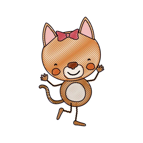 彩色蜡笔剪影漫画的可爱的表情母猫在舞蹈姿态与弓花边 — 图库矢量图片