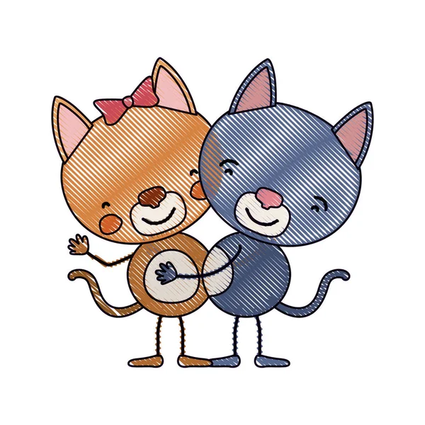 Färgkrita siluett karikatyr med par katter omfamnade — Stock vektor