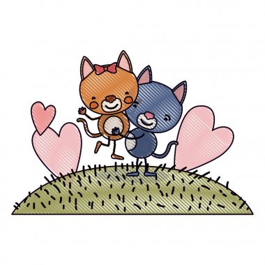 pastel boya siluet sahne manzara renk ve yavru kedi diğer taşıyan bir karikatür çift ile çim