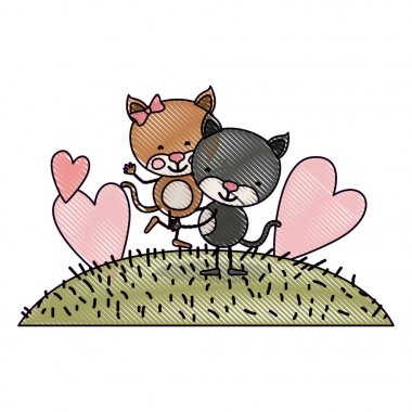 pastel boya siluet sahne manzara renk ve kediler diğer taşıyan bir karikatür çift ile çim