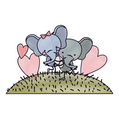 pastel boya siluet sahne manzara renk ve filler diğer taşıyan bir karikatür çift ile çim